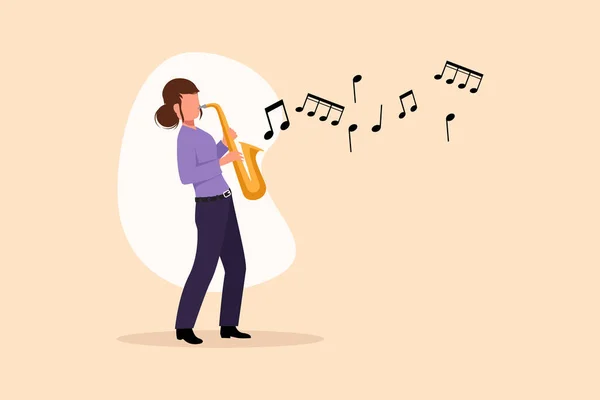 Business Platt Tecknad Stil Teckning Saxofon Jazz Eller Bluesmusiker Kvinna — Stock vektor