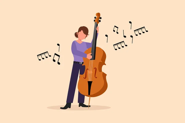 Business Flat Drawing Double Bass Player Standing Big String Instrument — Stock Vector