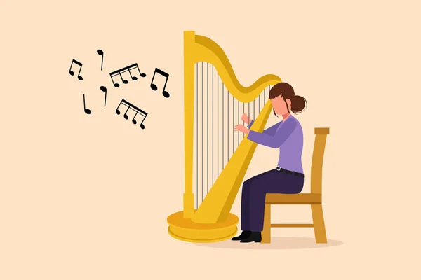 Business Platt Tecknad Stil Teckning Kvinna Musiker Spelar Harpa Klassisk — Stock vektor