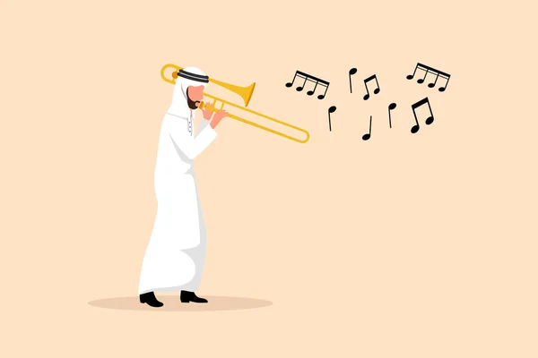 商业设计描绘了阿拉伯长号演奏者的角色 男性演奏者演奏管乐器 爵士音乐人 音乐家吹喇叭 古典音乐活动 平面卡通矢量插图 — 图库矢量图片