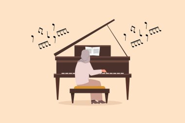 Piyano çalan Arap kadını çizen düz çizgi film karakteri. Kadın sanatçı müzik enstrümanında oturup caz ya da blues çalıyor. Profesyonel müzisyen. Grafik tasarım vektör çizimi