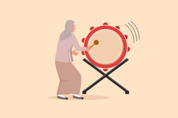 ビジネスフラット図面幸せなアラブの女性は 敬意と断食時間ラマダーンのための掘削や伝統的なドラムを打つ ムスリムは人々にモスクへの礼拝を求めています 漫画キャラクターデザインベクトルイラスト — ストックベクタ
