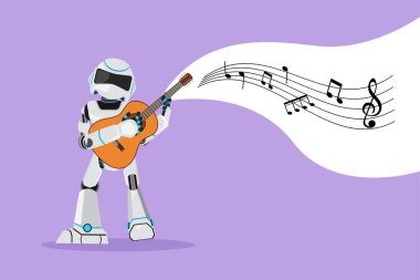 Grafik düz tasarım robot ukulele ya da gitar çalıp, şarkı söyleyerek eğleniyor. Robot yapay zeka karakteri. Elektronik teknoloji endüstrisi. Çizgi film biçimi vektör illüstrasyonu