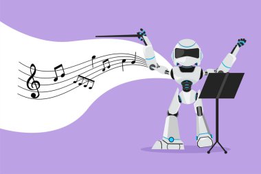 Karakter düz çizim, müzik orkestrasını yöneten dışavurumcu robot orkestra şefi. Klasik müzik işte. Modern robot yapay zekası. Elektronik teknoloji endüstrisi. Çizgi film tasarım vektör çizimi