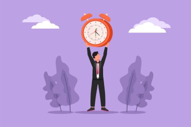 Güçlü bir iş adamının grafiksel düz tasarım çizimi çalar saati elinde tutuyor. Zaman, saat, sınırlı teklif, son teslim tarihi sembolü. Çalışma zamanı. İş projesinde acele et. Çizgi film biçimi vektör illüstrasyonu