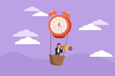 Grafik düz tasarım, iş kadını, yönetici ya da çalışan sıcak hava balonlu çalar saate biniyor ve teleskopla ileriye bakıyor. Zaman yönetimi iş seyahati. Çizgi film biçimi vektör illüstrasyonu