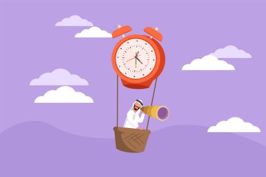 Düz çizgi film tarzı çizim yapan Arap işadamı, menajer, çalışan sıcak hava balonlu çalar saate biniyor ve teleskopla ileriye bakıyor. Zaman yönetimi iş seyahati. Grafik tasarım vektör çizimi