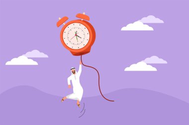 Karakter düz çizim yapan Arap işadamı, müdür ya da çalışan büyük bir balon çalar saatle uçuyor ve ipi tutuyor. Zaman yönetimi, teslim tarihi projesi, iş metaforu. Çizgi film tasarım vektör çizimi