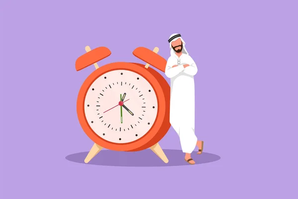平面设计吸引阿拉伯商人 经理或员工倾向于大钟 时间管理 有限的报价 最后期限 商业隐喻 卡通风格矢量插图 — 图库矢量图片