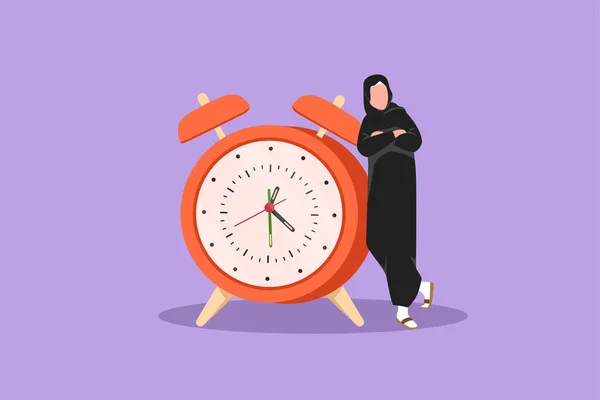 性格扁平的阿拉伯商人 经理或员工靠着大钟站立 时间管理的概念 有限的报价 期限的标志 卡通设计矢量图解 — 图库矢量图片