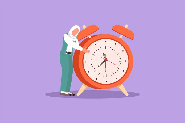 平坦的卡通画风格吸引着阿拉伯的女商人 经理或员工 拥抱着大钟 时间管理的概念 时间工作 爱的时间项目 图形设计矢量说明 — 图库矢量图片