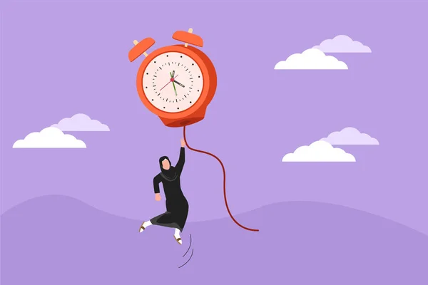 平面平面设计 用大气球闹钟和绳索绘制阿拉伯女商人 经理或员工的飞行图 时间管理 截止期业务隐喻 卡通风格矢量插图 — 图库矢量图片