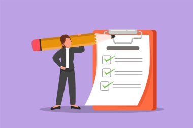 Grafiksel düz tasarım, omzunda dev kalemle pano kağıdında işaretli listeyle pozitif iş kadını çiziyor. Başarılı iş bitirme görevleri. Çizgi film biçimi vektör illüstrasyonu