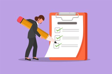 Karakter dairesi. Çekici ve güzel bir iş kadını. Kalemle işaretleme listesi. Bireysel tamamlama işi. Hedef başarıları planlama programı konsepti. Çizgi film tasarım vektör çizimi