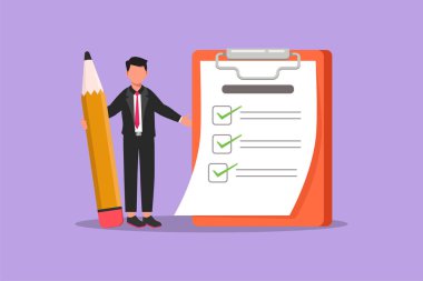 Kocaman bir kalem, pano ve kontrol listesi olan mutlu gülümseyen işadamının çizimi tamamlandı. İş başarısı plan konseptini tamamladı. Grafik tasarım karakter vektör çizimi