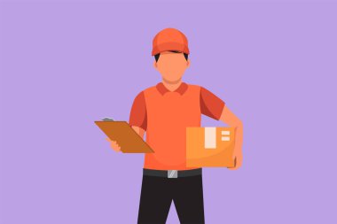 Çizgi film düz stil. Şapka ve üniforma giyen mutlu teslimatçı elinde karton bir posta kutusuyla duruyor. Teslimat elemanı servisi. Nakliye konsepti. Grafik tasarım vektör çizimi