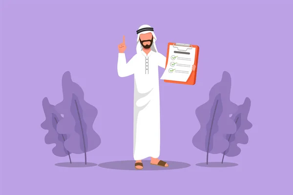Cartoon Flat Style Drawing Arab Businessman Standing Holding Clipboard Pointing — Stock Vector