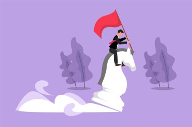 Grafik düz tasarım, büyük bir satranç atına binen ve elinde bayrak, strateji, hedefler, iş konseptinde rekabetçi ve stratejik hamleler tutan motivasyon işadamı çiziyor. Çizgi film biçimi vektör illüstrasyonu