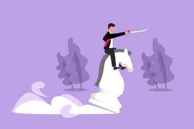 Grafik düz tasarım, büyük bir satranç atına kılıçla binen rekabetçi bir iş adamı çiziyor. Fikir, iş stratejisi, yarışmayı kazanmak, başarı hedefi kavramı. Çizgi film biçimi vektör illüstrasyonu