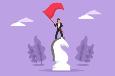 Büyük at şövalyesi satrancının ve sallanan bayrağın üzerinde duran mutlu bir iş kadını çiziyor. İş başarısı hedefi, savaş yarışmasını kazanmak. Çizgi film grafik tasarım vektör çizimi