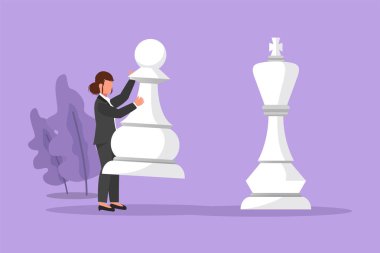 Çizgi film düz stil, satrancı yenmek için elinde piyon taşıyla iş kadını çiziyor. Stratejik planlama, iş geliştirme stratejisi, girişimcilik taktikleri. Grafik tasarım vektör çizimi