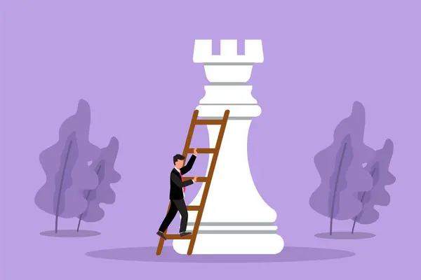 性格平平 勇敢的生意人爬上带有梯子的巨大的角棋棋子 业务战略和营销计划 商业概念的战略转变 卡通平面设计矢量插图 — 图库矢量图片