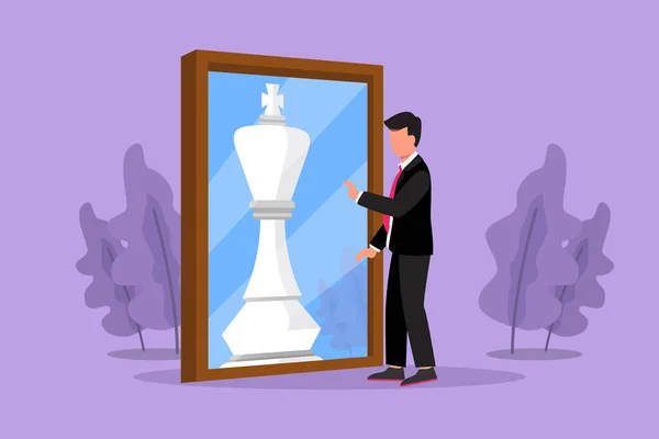 平面设计吸引英俊的商人站在镜子前 映出棋王的模样 自信的隐喻 成功的事业 机遇的概念 卡通风格矢量插图 — 图库矢量图片