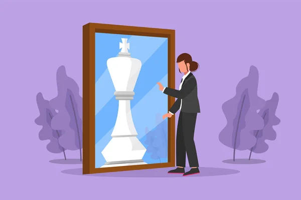 平面设计素描漂亮的女商人站在镜子前 映出棋王的模样 自信的隐喻 成功的事业 机遇的概念 卡通风格矢量插图 — 图库矢量图片