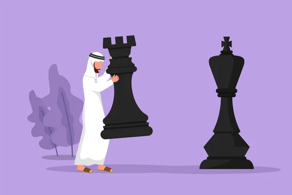 stock vector Graphic flat design drawing Arabian businessman holding rook chess piece to beat king chess. Strategic planning, business development strategy, tactics in entrepreneurship. Cartoon vector illustration