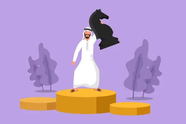 Grafikus Lapos Rajz Versenyképes Arab Üzletember Gazdaság Emelés Lovag Sakk — Stock Vector
