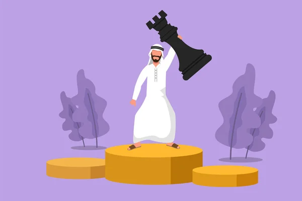 人物画平坦 快乐的阿拉伯商人举着棋盘 成功的创业策略或策略 在商业上的优势 卡通设计矢量图解 — 图库矢量图片