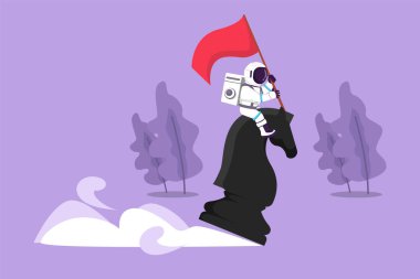 Büyük bir satranç atına binen ve ay yüzeyinde bayrak tutan genç astronotun düz çizimi. Rekabetçi oyuncu. Kozmonot derin uzay kavramı. Çizgi film tasarım vektör çizimi