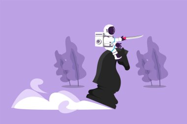 Çizgi film düz stil. Ay yüzeyinde büyük bir satranç atına binen genç astronot çiziyor. Başarı ve gol yarışması. Kozmik galaksi uzay kavramı. Grafik tasarım vektör çizimi