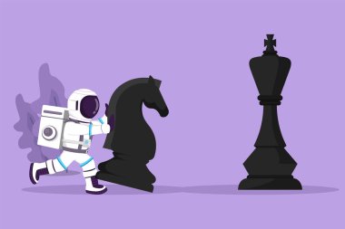 Grafik düz tasarım, genç astronotun Ay yüzeyinde kralı yenmek için büyük bir at satranç taşı itmesini gösteriyor. Maçı kazanmak için stratejik bir hamle. Kozmonot uzayı. Çizgi film biçimi vektör illüstrasyonu