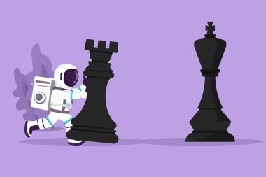 Karakter düz çizim genç astronot Ay yüzeyinde kralı yenmek için büyük bir satranç taşı itiyor. Maçı kazanmak için stratejik hareket. Kozmonot derin uzay kavramı. Çizgi film tasarım vektör çizimi