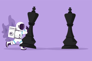 Genç astronotun çizdiği düz çizgi film, Ay yüzeyindeki rakip kralı yenmek için büyük kral taşlarını itiyor. Stratejik hareket. Kozmik galaksi uzay kavramı. Grafik tasarım vektör çizimi