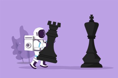 Ay yüzeyinde satrancı yenmek için elinde kale taşı tutan düz bir astronot çiziyor. Stratejik hareket planı. Kozmonot derin uzay kavramı. Çizgi film tasarım vektör çizimi