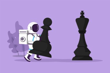 Ay yüzeyinde satranç kralını yenmek için elinde piyon taşıyla genç astronot çizen karakter. Stratejik hareket planı. Kozmonot derin uzay kavramı. Çizgi film tasarım vektör çizimi