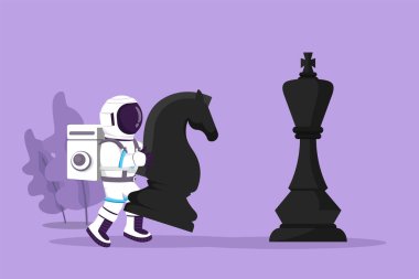 Çizgi film düz stil. Genç astronot elinde satranç taşıyla Ay yüzeyinde Kral Satrancı 'nı yeniyor. Stratejik gol oyunu planlaması. Kozmik galaksi uzay kavramı. Grafik tasarım vektör çizimi