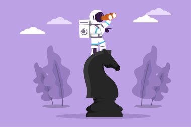 Büyük at satrancının üzerinde teleskop kullanarak Ay yüzeyinde başarı arayan genç astronotları çiziyor. Kozmonot uzay konsepti. Çizgi film biçimi vektör illüstrasyonu