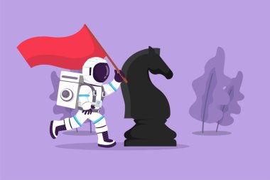 Çizgi film düz stil. Ay yüzeyinde büyük at satrancının yanında koşan ve bayrak tutan genç astronot çiziyor. Kazanan yarışma. Kozmik galaksi uzay kavramı. Grafik tasarım vektör çizimi