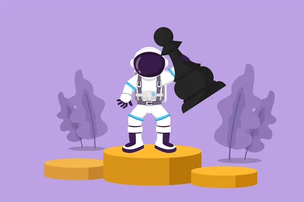 Графический Плоский Рисунок Изображающий Молодого Космонавта Держащего Поднимающего Шахматную Пешку — стоковый вектор