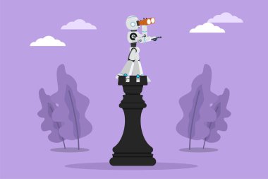 Karakter düz çizim robotu teleskop kullanarak satranç taşının tepesinde duruyor. İnsansı robot sibernetik organizma. Robot gelişimi. Çizgi film tasarım vektör çizimi