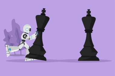 Çizgi film düz çizim robotu rakip kralı yenmek için büyük kral taşlarını itiyor. Stratejik hareket. Robot yapay zeka. Teknoloji endüstrisi. Grafik çizim tasarımı vektör çizimi
