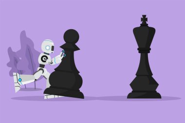 Karakterin düz çizen robotu büyük bir piyon taşına basar, kralı yener. Oyun kazanmak için stratejik bir hamle. İnsansı robot sibernetik organizma. Geleceğin robotik gelişimi. Çizgi film tasarım vektör çizimi