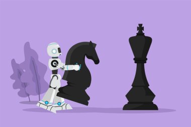 Çizgi film düz çizim robot, satrancı yenmek için şövalye taşı tutuyor. Stratejik gol oyunu planlaması. Robot yapay zeka. Teknoloji endüstrisi. Grafik tasarım vektör çizimi