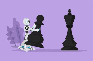 Kral satrancı yenmek için piyon taşıyan düz robot çizimi. Stratejik hareket planı. İnsansı robot sibernetik organizma. Robot gelişimi. Çizgi film tasarım vektör çizimi