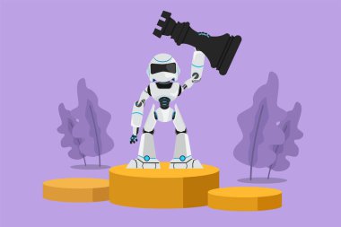 Çizgi film düz çizim robot tutuşu ve birinci şampiyon satranç taşını kaldırışı. Üstün oyun oyuncusu. Modern robot yapay zekası. Grafik çizim tasarımı vektör çizimi