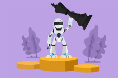 Birinci şampiyonluk sahnesinde robot çizen ve kral satranç taşını kaldıran karakter. Maçı kazan. İnsansı robot sibernetik organizma. Geleceğin robotik gelişimi. Çizgi film tasarım vektör çizimi