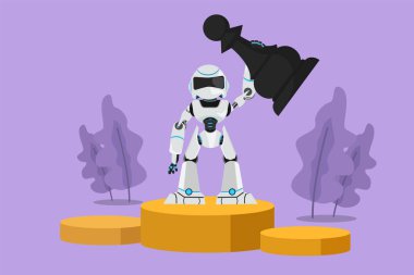 Grafiksel düz tasarım ilk şampiyon aşamasında robot tutuşu ve piyon satranç taşını kaldırışı. Kazanan oyun. Geleceğin teknoloji gelişimi. Yapay zeka. Çizgi film biçimi vektör illüstrasyonu